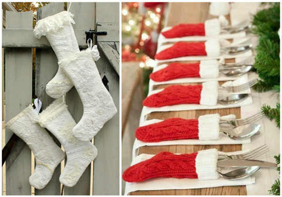 聖誕襪是童話世界中的神秘之物，耶誕節的清晨，襪中便會出現聖誕禮物。將帶有純真寓意的聖誕襪用在婚禮上，也能達到意想不到的效果。白色蕾絲聖誕襪作為門的裝飾，代表了新人的純真和聖潔。迷你型紅色白邊毛線聖誕襪可以作為食具套，精巧別致，絕對能為婚宴帶來與眾不同的體驗。