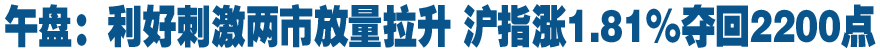 午盘：利好刺激两市放量拉升 沪指涨1.81%夺回2200点