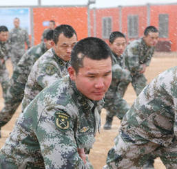 維和部隊官兵風雪中訓練軍體拳