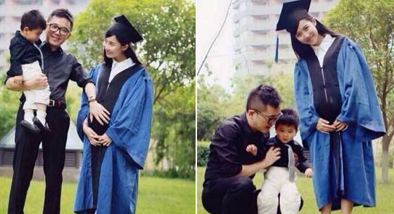 美女硕士抱儿子怀女儿拍毕业照