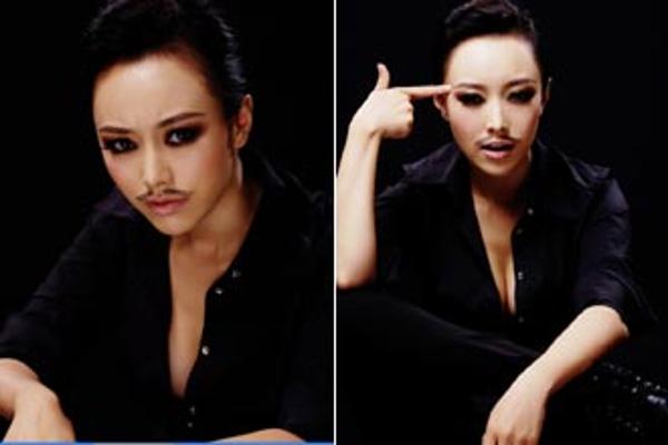 韩一菲拍冷酷写真变爷们 傲人双峰夺人眼球