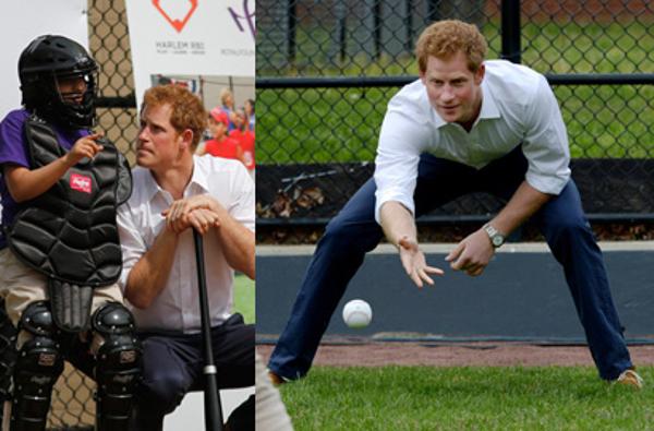哈里王子秀棒球技艺 下蹲表情搞怪