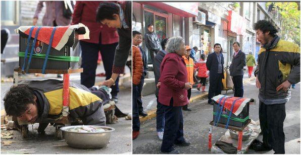 &ldquo;断腿&rdquo;男子乞讨行骗 城管揭穿骗术将其带走