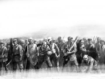 画家古月的油画作品《铁血长城&mdash;&mdash;抗日战争中的川军》。