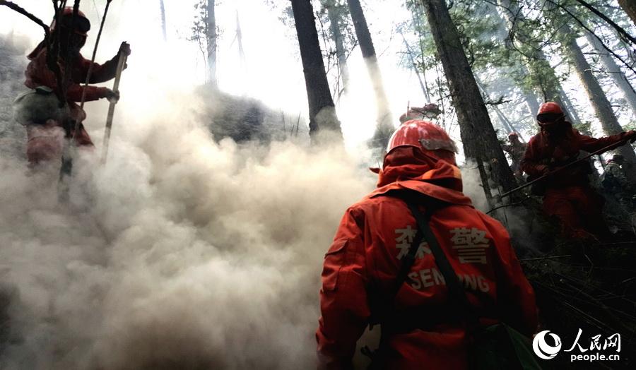 这是手机拍摄到的3月4日武警陇南森林支队官兵在迭部县腊子口火灾现场扑救林火(裴海博 摄 )