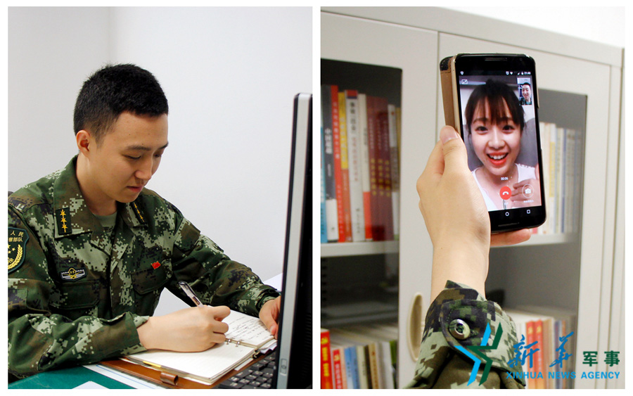 ↑陈德正，武警北京总队七支队某中队指导员。七夕前夜坚守在值班岗位上的他，在结束值班后给妻子打了个视频电话，通过网络表达着对妻子的爱意。闫星辰 摄