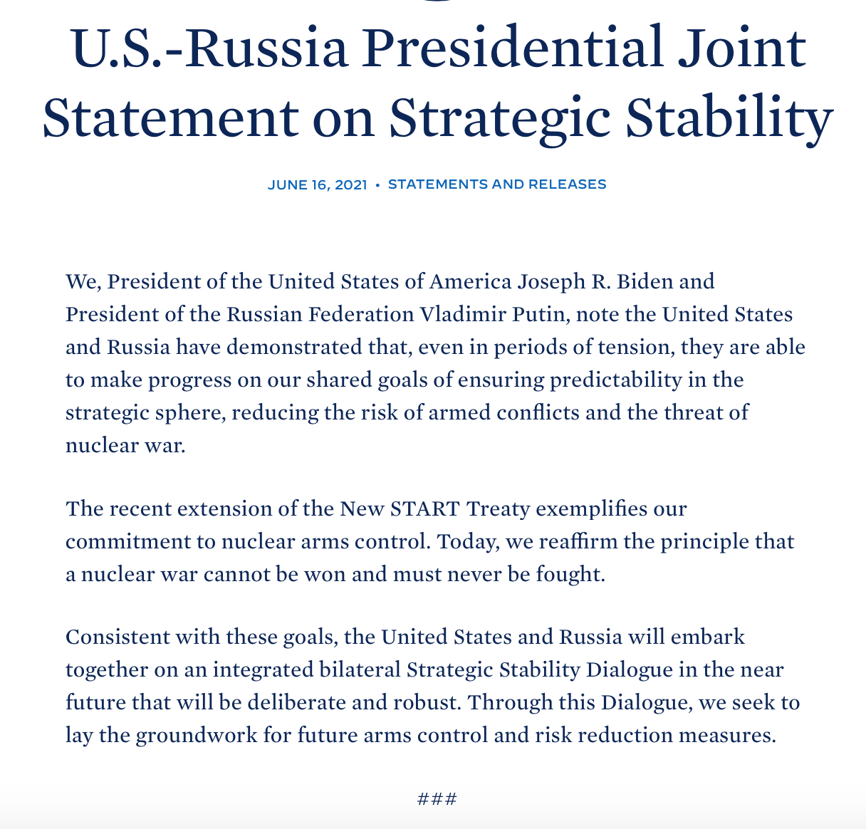《美俄总统关于战略稳定的联合声明》。美国白宫官网截图