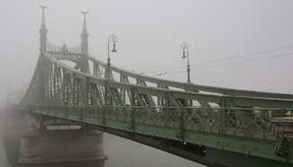 Heavy fog looms over Budapest, Hungary