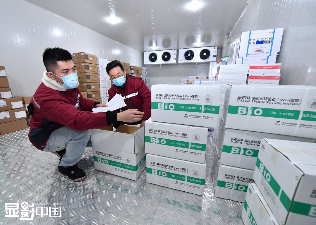  1月5日，合肥市包河区疾病预防控制中心疫苗储存冷库，工作人员核对疫苗配送名单批号。