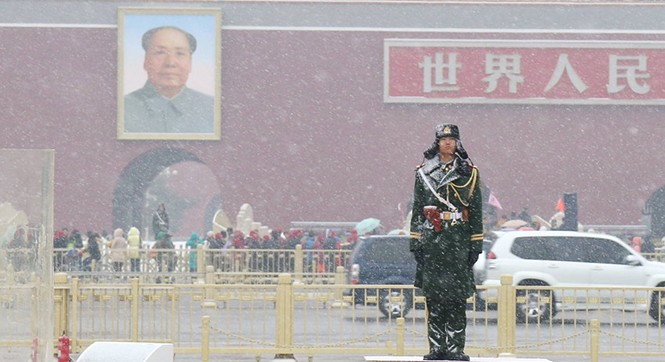 北京迎羊年第二场降雪 街道一片白色