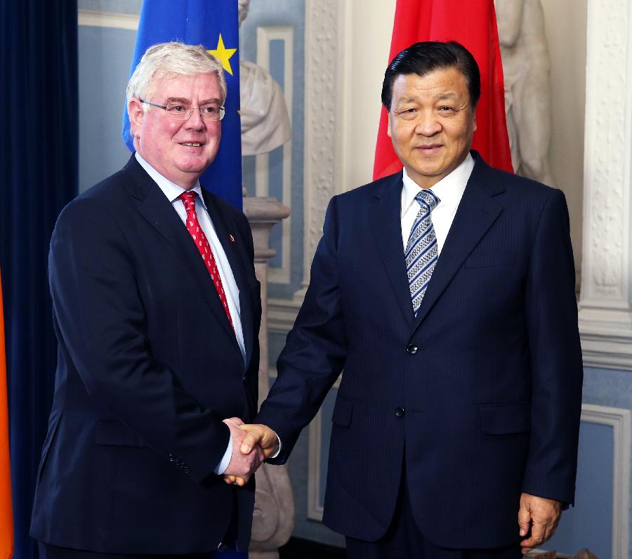 6月16日，刘云山在都柏林会见爱尔兰副总理兼外交与贸易部长、工党领袖吉尔摩。 新华社记者 姚大伟 摄 