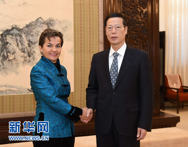 11月17日,中共中央政治局常委、国务院副总理张高丽在北京中南海紫光阁会见联合国气候变化框架公约秘书处执行秘书菲格雷斯。 新华社记者刘建生 摄 11月17日,中共中央政治局常委、国务院副总理张高丽在北京中南海紫光阁会见联合国气候变化框架公约秘书处执行秘书菲格雷斯。 新华社记者刘建生 摄
