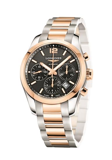 浪琴表康铂系列精钢玫瑰金男表