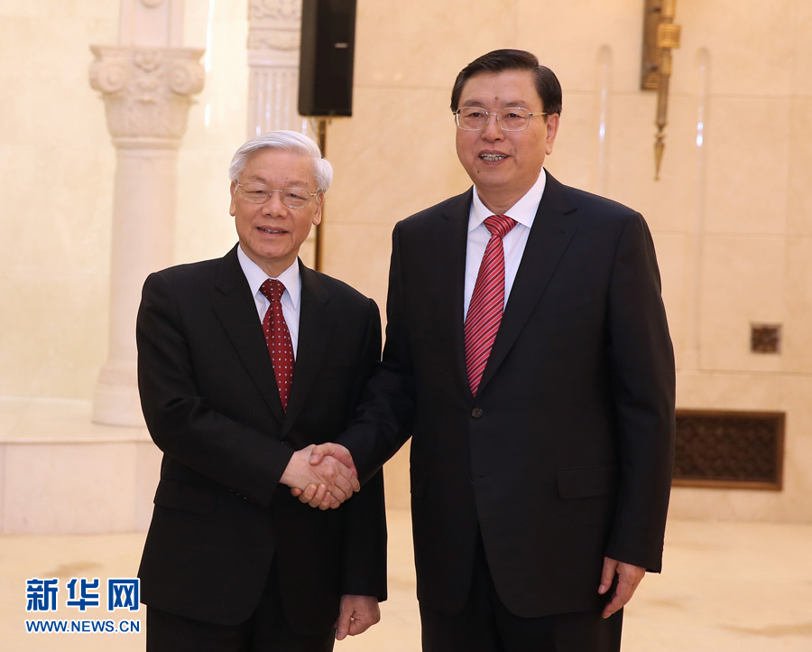 4月8日，中共中央政治局常委、全国人大常委会委员长张德江在北京人民大会堂会见越南共产党中央总书记阮富仲。 新华社记者 庞兴雷 摄