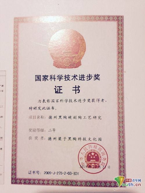梁子黑陶印制在宣传画册中的&ldquo;国家科学技术进步奖&rdquo;二等奖证书