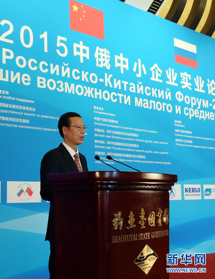 4月21日，中共中央政治局常委、国务院副总理、中俄能源合作委员会中方主席张高丽在北京与俄罗斯副总理、俄方主席德沃尔科维奇共同出席中俄中小企业实业论坛并致辞。这是张高丽在论坛上致辞。新华社记者刘卫兵摄