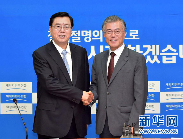 6月11日，全国人大常委会委员长张德江在首尔会见韩国新政治民主联合党党首文在寅。 新华社记者李涛摄