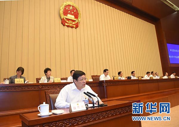 6月28日，十二届全国人大常委会第十五次会议在北京人民大会堂举行第二次全体会议。张德江委员长出席。这是财政部部长楼继伟作关于2014年中央决算的报告。新华社记者 张铎 摄