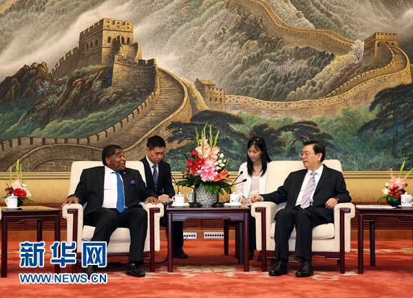  7月2日，全国人大常委会委员长张德江在北京人民大会堂会见各国议会联盟秘书长纯贡。 新华社记者刘卫兵摄 