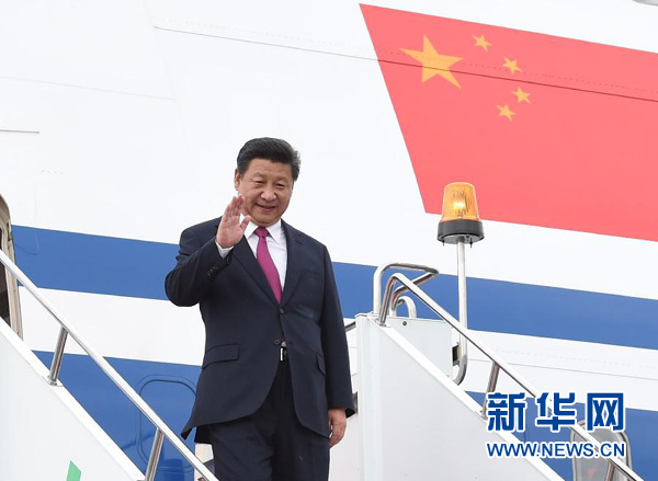 7月8日，国家主席习近平乘坐专机抵达乌法，应俄罗斯联邦总统普京邀请，出席金砖国家领导人第七次会晤和上海合作组织成员国元首理事会第十五次会议。新华社记者谢环驰摄