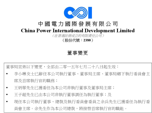 李小琳辞任中电国际董事局主席王炳华接任（图）