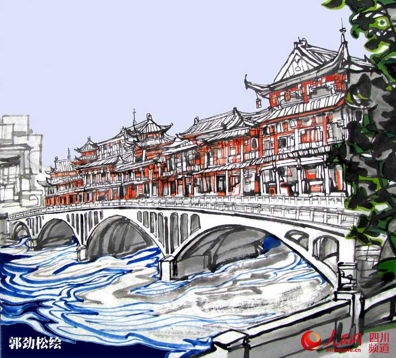 画家手绘四川21城彩墨画 邀请游子回家过年