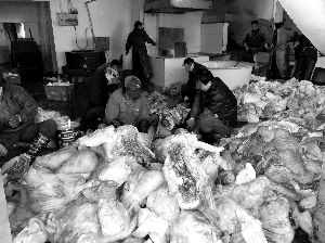 猪头直接堆在湿漉漉的地板上