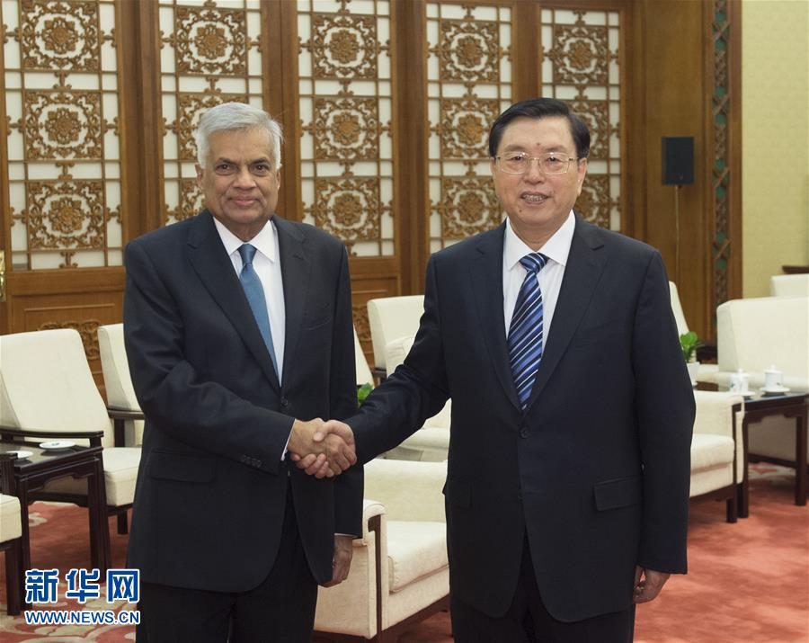 4月7日，全國人大常委會委員長張德江在北京人民大會堂會見斯裏蘭卡總理維克勒馬辛哈。 新華社記者 王曄 攝