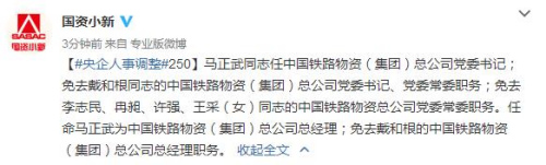 马正武任中国铁路物资（集团）总公司党委书记