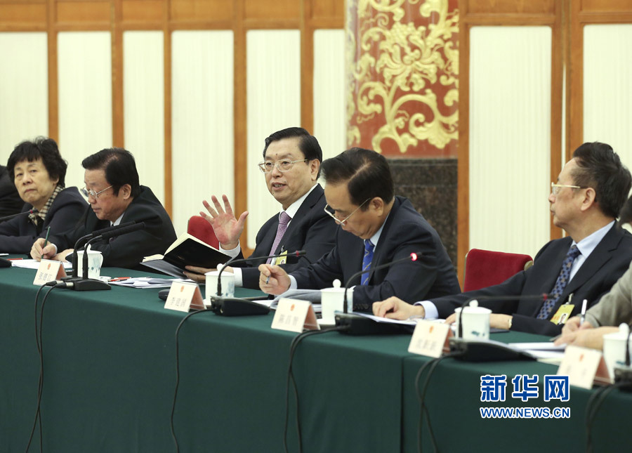 11月4日，十二屆全國人大常委會第二十四次會議在北京人民大會堂舉行聯組會議，結合審議全國人大常委會執法檢查組關于檢查環境保護法實施情況的報告進行專題詢問。張德江委員長出席。新華社記者 龐興雷 攝 