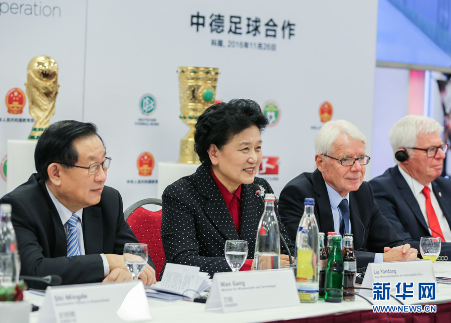 11月26日，中国国务院副总理刘延东在德国科隆足球俱乐部出席中德足球发展座谈会。 新华社记者单宇琦摄