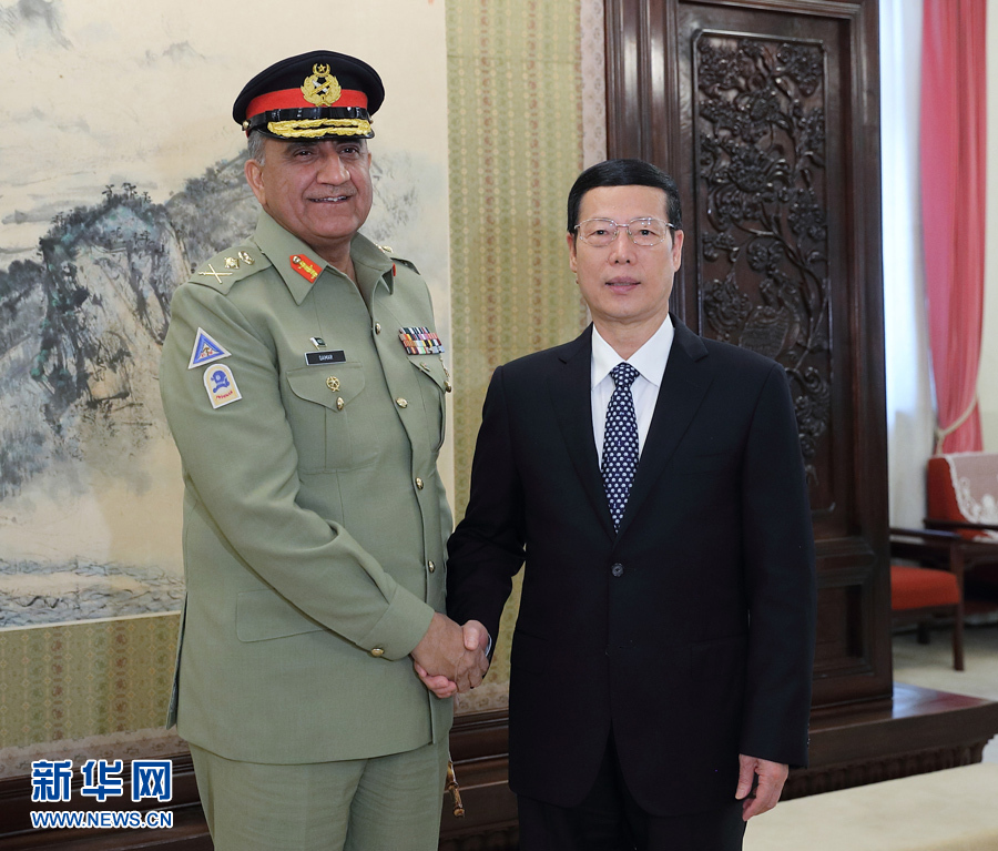 3月16日，中共中央政治局常委、国务院副总理张高丽在北京会见巴基斯坦陆军参谋长巴杰瓦。 新华社记者王晔摄