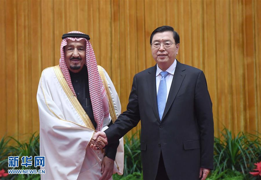 3月17日，全国人大常委会委员长张德江在北京人民大会堂会见沙特国王萨勒曼。 新华社记者 张铎 摄