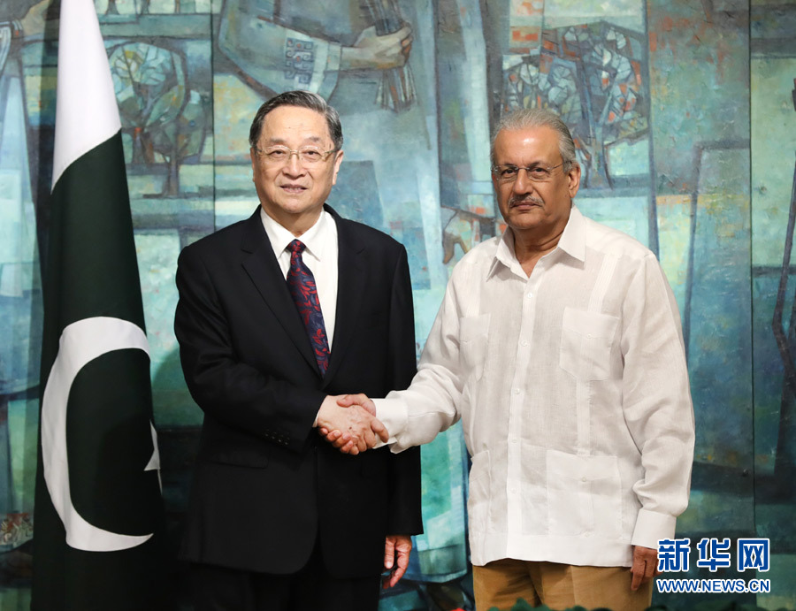 4月5日至6日，应巴基斯坦参议院主席拉巴尼邀请，全国政协主席俞正声对巴基斯坦进行正式友好访问。这是4月5日，俞正声在伊斯兰堡同巴基斯坦参议院主席拉巴尼举行会谈。新华社记者马占成摄