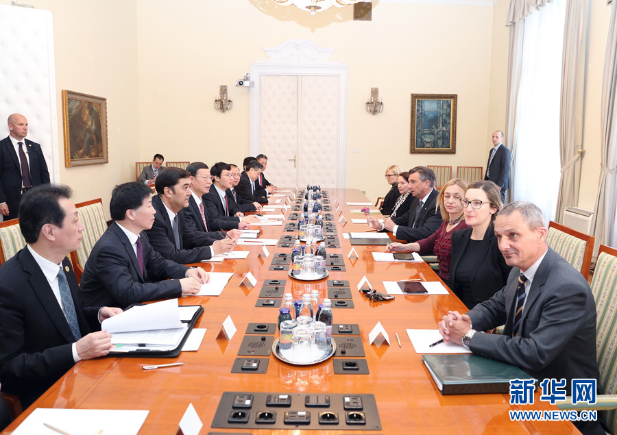 4月14日，应邀访问斯洛文尼亚的国务院副总理张高丽在卢布尔雅那会见斯洛文尼亚总统帕霍尔。 新华社记者王晔摄