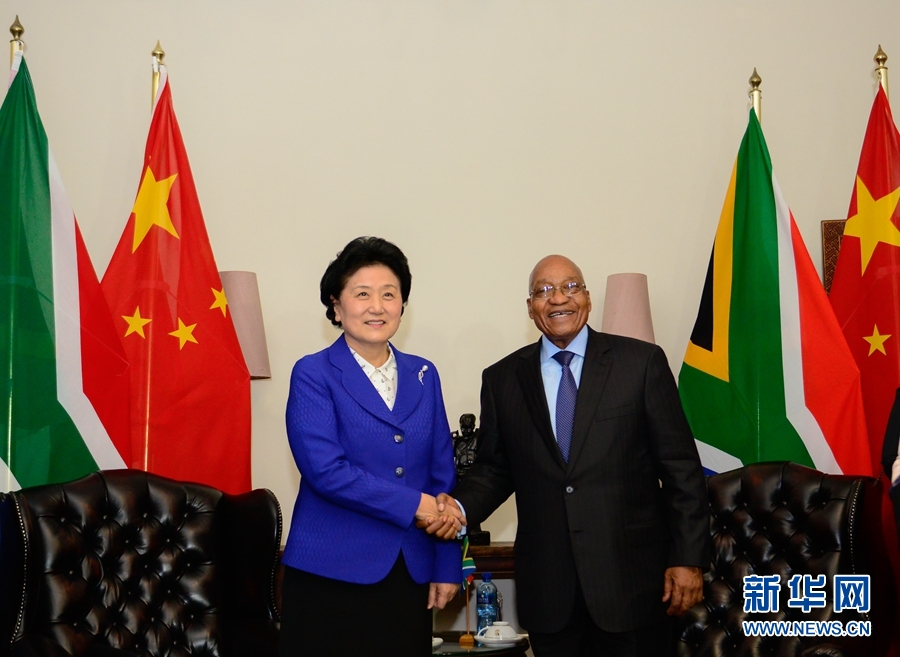 4月25日，南非总统祖马（右）在比勒陀利亚总统官邸会见正在对南非进行正式访问并出席中南高级别人文交流机制首次会议的中国国务院副总理刘延东。 新华社记者 翟健岚 摄