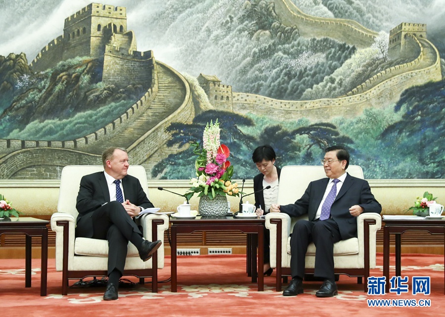 5月4日，全国人大常委会委员长张德江在北京人民大会堂会见丹麦首相拉斯穆森。 新华社记者 谢环驰 摄 