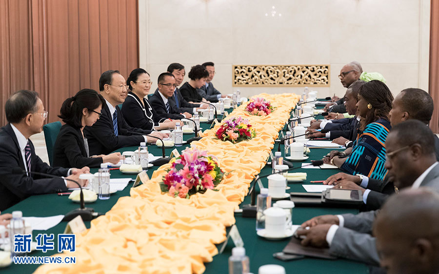 5月22日，中共中央書記處書記、全國政協副主席、中國經濟社會理事會主席杜青林在北京與科特迪瓦經濟社會理事會主席迪比會談。 新華社記者丁海濤 攝