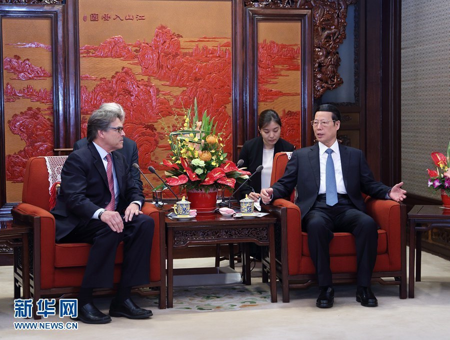 6月8日，中共中央政治局常委、國務院副總理張高麗在北京中南海紫光閣會見美國能源部長裏克&middot;佩裏。 新華社記者王曄攝