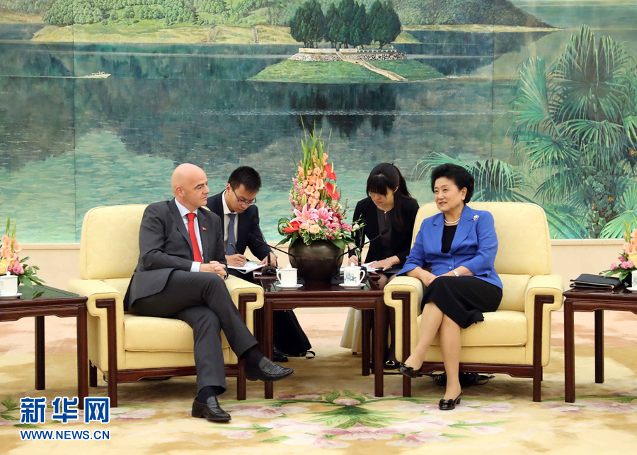 6月14日，国务院副总理刘延东在北京人民大会堂会见来华访问的国际足联主席因凡蒂诺。 新华社记者刘卫兵摄