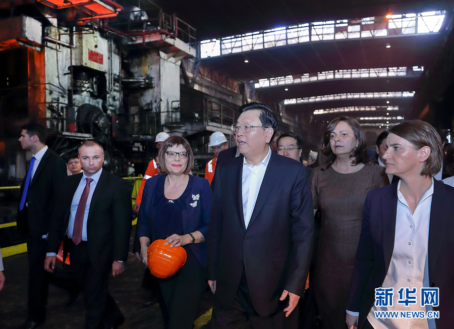 7月16日至19日，应塞尔维亚国民议会议长戈伊科维奇邀请，全国人大常委会委员长张德江对塞尔维亚进行正式友好访问。这是7月17日，张德江考察中塞企业合作项目河钢斯梅代雷沃钢厂。新华社记者 鞠鹏 摄