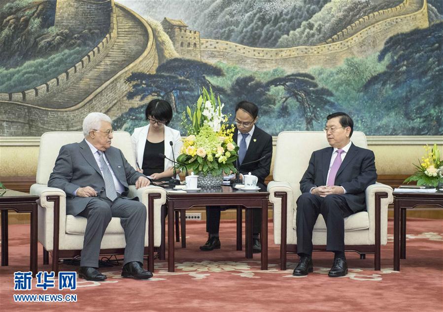 7月20日，全国人大常委会委员长张德江在北京人民大会堂会见巴勒斯坦国总统阿巴斯。 新华社记者 李涛 摄