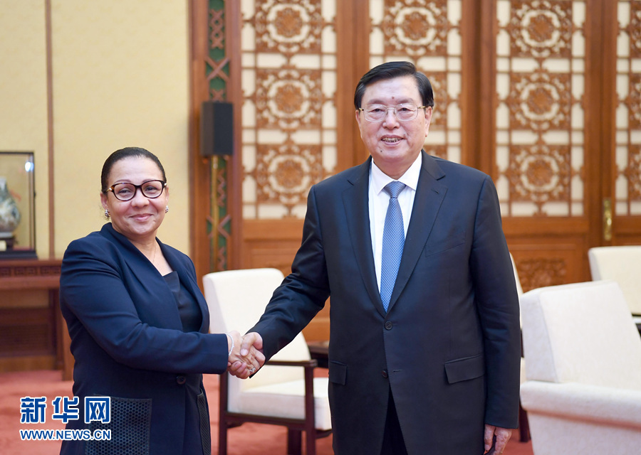 1月17日，全國人大常委會委員長張德江在北京人民大會堂會見加彭參議長米勒布。 新華社記者 張鐸 攝