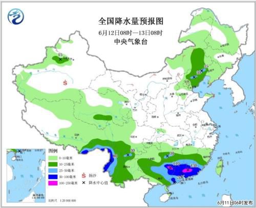 全国降水量预报图(6月12日08时-13日08时)