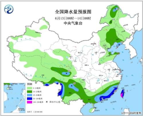 全國降水量預報圖(6月13日08時-14日08時)