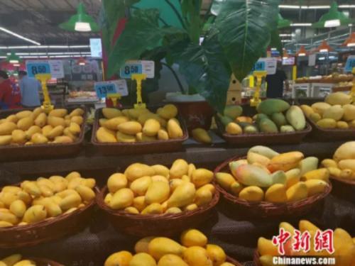 图为超市里的芒果。 谢艺观 摄