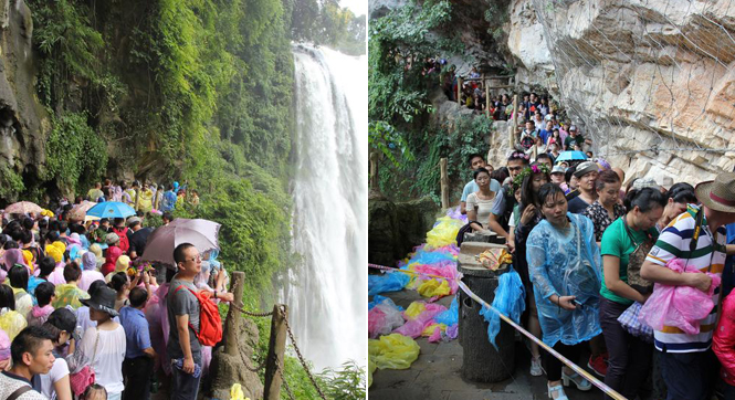 黄果树瀑布景区现&ldquo;人海观瀑&rdquo; 队伍绵延好几里