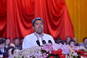 农民群众代表和田市玉龙喀什镇永巴扎村农民阿卜力孜&middot;麦提玉素普发言