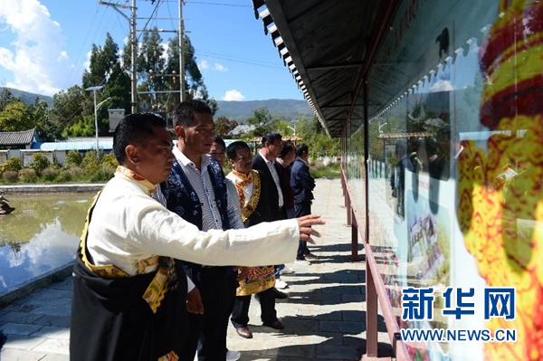郑家庄的党员在参观展板，学习民族理论、民族政策等内容