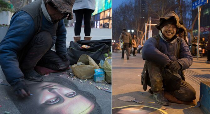 高手在民间：&ldquo;粉笔画大叔&rdquo;南京街头绘制蒙娜丽莎